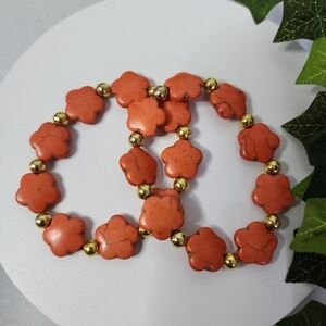 2 Orange Flower Shape Natural Stone Stretch Bracelet